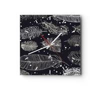 Horloge murale en verre 30x30cm Silencieuse Plumes Graphiques Contour Wall Clock