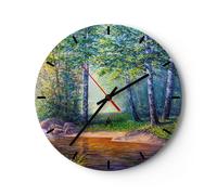 Horloge murale en verre 30x30cm Silencieuse prairie eau arbre Wall Clock