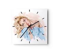 Horloge murale en verre 30x30cm Silencieuse Réfléchi Femme Blonde Wall Clock