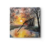 Horloge murale en verre 30x30cm Silencieuse Rivière Soleil Arbres Wall Clock