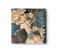 Horloge murale en verre 30x30cm Silencieuse Surréaliste Femme Fleurs Wall Clock
