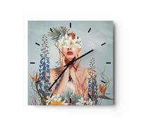 Horloge murale en verre 30x30cm Silencieuse Surréaliste Femme Fleurs Wall Clock