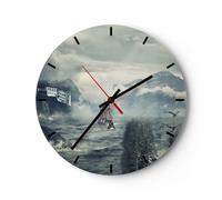 Horloge murale en verre 30x30cm Silencieuse Tempête Montagnes Voilier Wall Clock