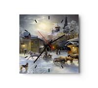 Horloge murale en verre 30x30cm Silencieuse village traîneau neige Wall Clock