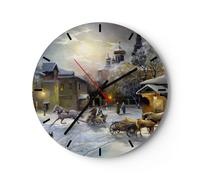 Horloge murale en verre 30x30cm Silencieuse village traîneau neige Wall Clock