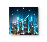 Horloge murale en verre 30x30cm Silencieuse ville nuit rue Wall Clock Decoration