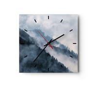 Horloge murale en verre 40x40cm Montagnes Brouillard Arbres Wall Clock