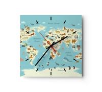 Horloge murale en verre 40x40cm Silencieuse Animaux Le Monde Carte Wall Clock