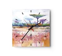 Horloge murale en verre 40x40cm Silencieuse Aquarelle Savane Arbres Wall Clock