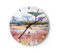 Horloge murale en verre 40x40cm Silencieuse Aquarelle Savane Arbres Wall Clock