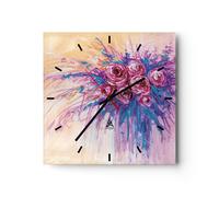 Horloge murale en verre 40x40cm Silencieuse Bouquet Fleurs Roses Wall Clock