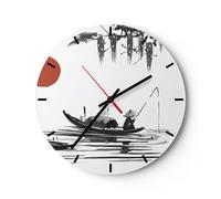Horloge murale en verre 40x40cm Silencieuse Chine Pêcheur Dessin Wall Clock