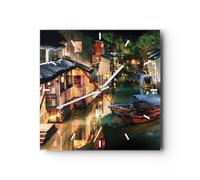 Horloge murale en verre 40x40cm Silencieuse Chinois Ville Nuit Wall Clock