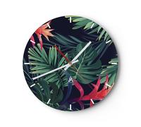 Horloge murale en verre 40x40cm Silencieuse Exotique Fleurs Feuilles Wall Clock