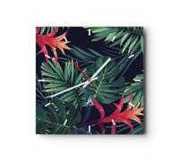 Horloge murale en verre 40x40cm Silencieuse Exotique Fleurs Feuilles Wall Clock
