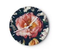 Horloge murale en verre 40x40cm Silencieuse Fleurs Pivoine Boisé Wall Clock