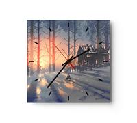 Horloge murale en verre 40x40cm Silencieuse hiver forêt chalet Wall Clock