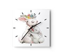 Horloge murale en verre 40x40cm Silencieuse Lapin Lièvre Enfants Wall Clock