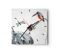 Horloge murale en verre 40x40cm Silencieuse Libellule Oiseau Fleur Wall Clock