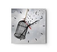 Horloge murale en verre 40x40cm Silencieuse Liberté Cage Oiseaux Wall Clock