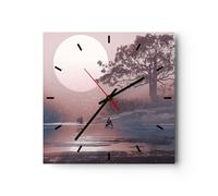 Horloge murale en verre 40x40cm Silencieuse Lune Couple Arbre Wall Clock