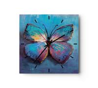 Horloge murale en verre 40x40cm Silencieuse Manuscrit Papillon Bleu Wall Clock