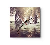 Horloge murale en verre 40x40cm Silencieuse mer palmier eau Wall Clock