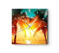 Horloge murale en verre 40x40cm Silencieuse mer palmier eau Wall Clock