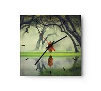 Horloge murale en verre 40x40cm Silencieuse Moine Forêt Brouillard Wall Clock