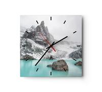 Horloge murale en verre 40x40cm Silencieuse Montagnes Lac Neige Wall Clock