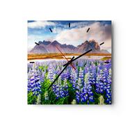 Horloge murale en verre 40x40cm Silencieuse montagnes prairie fleurs Wall Clock