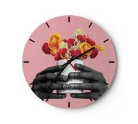 Horloge murale en verre 40x40cm Silencieuse Noir Main Fleurs Wall Clock