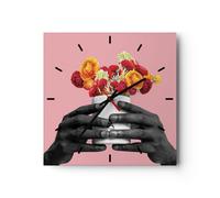 Horloge murale en verre 40x40cm Silencieuse Noir Main Fleurs Wall Clock