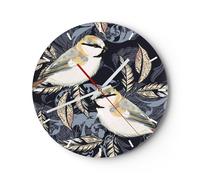 Horloge murale en verre 40x40cm Silencieuse Oiseaux Feuilles Ornement Wall Clock
