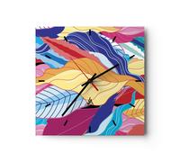 Horloge murale en verre 40x40cm Silencieuse Patron Feuilles Coloré Wall Clock