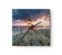 Horloge murale en verre 40x40cm Silencieuse Plage Herbe Horizon Wall Clock