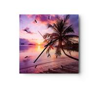 Horloge murale en verre 40x40cm Silencieuse plage mer palmier Wall Clock
