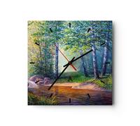 Horloge murale en verre 40x40cm Silencieuse prairie eau arbre Wall Clock