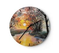 Horloge murale en verre 40x40cm Silencieuse Rivière Soleil Arbres Wall Clock