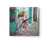 Horloge murale en verre 40x40cm Silencieuse Rose Vélo Vintage Wall Clock