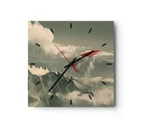 Horloge murale en verre 40x40cm Silencieuse Rouge Avion Montagnes Wall Clock