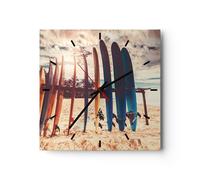 Horloge murale en verre 40x40cm Silencieuse Surf Plage Planche Wall Clock
