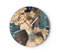Horloge murale en verre 40x40cm Silencieuse Surréaliste Femme Fleurs Wall Clock