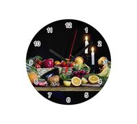 Horloge Murale en Verre - Assortiment de Fruits et Légumes avec Chandelles sur Fond Noir Rustique Nourriture - Diamètre 20 cm - Blanc