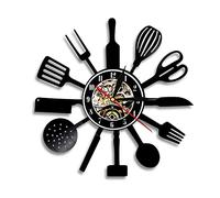 Horloge murale en vinyle, motif ustensiles de cuisine, horloge murale moderne, décoration d'intérieur, fabrication silencieuse, cadeau (sans lumière)