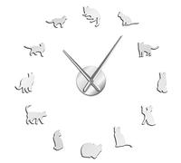 Horloge murale géante en forme de chat avec silhouette de chatons à faire soi-même - Grande horloge murale (argent, 68,6 cm)