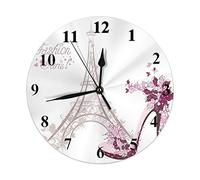 Horloge Murale High-Heeled Shoes and Eiffel Tower Wall Clock French Paris Pink Butterfly Round Clocks Wall Decorative Silent No Ticking 10 inch 25cm PVC Rustic Modern for Bedroom