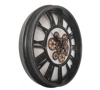 Horloge murale, horloge de cuisine, noire, engrenages mobiles, chiffres romains, diamètre 50,8 cm