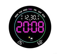 Horloge murale LED grand écran, prévisions météorologiques, affichage de la température intérieure et de l'humidité, 8 modes de couleur, 3 effets dynamiques, compte à rebours, manuel automatique (rose