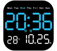 Horloge murale LED moderne avec calendrier, thermomètre et phase de lune, variateur d'intensité à 10 niveaux, télécommande, double alimentation, réveil numérique carré pour la maison et le bureau